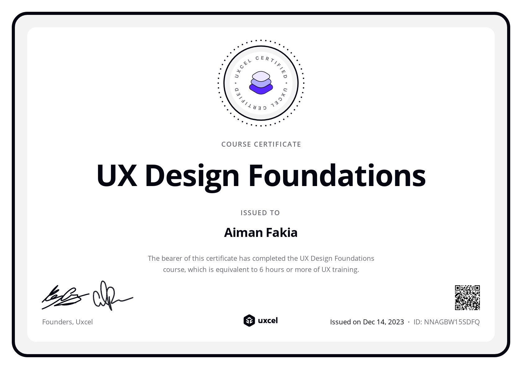 Aiman Fakia's certificate